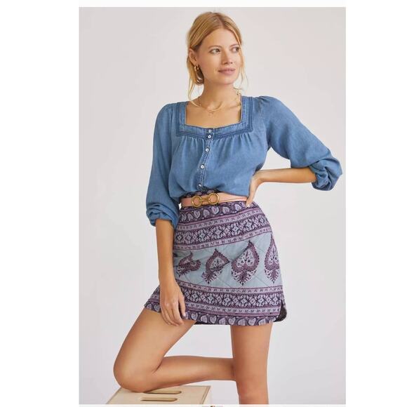 New Free People Maddy Quilted Mini Skirt by ANTIK BATIK $184 SMALL Blue - Picture 4 of 6